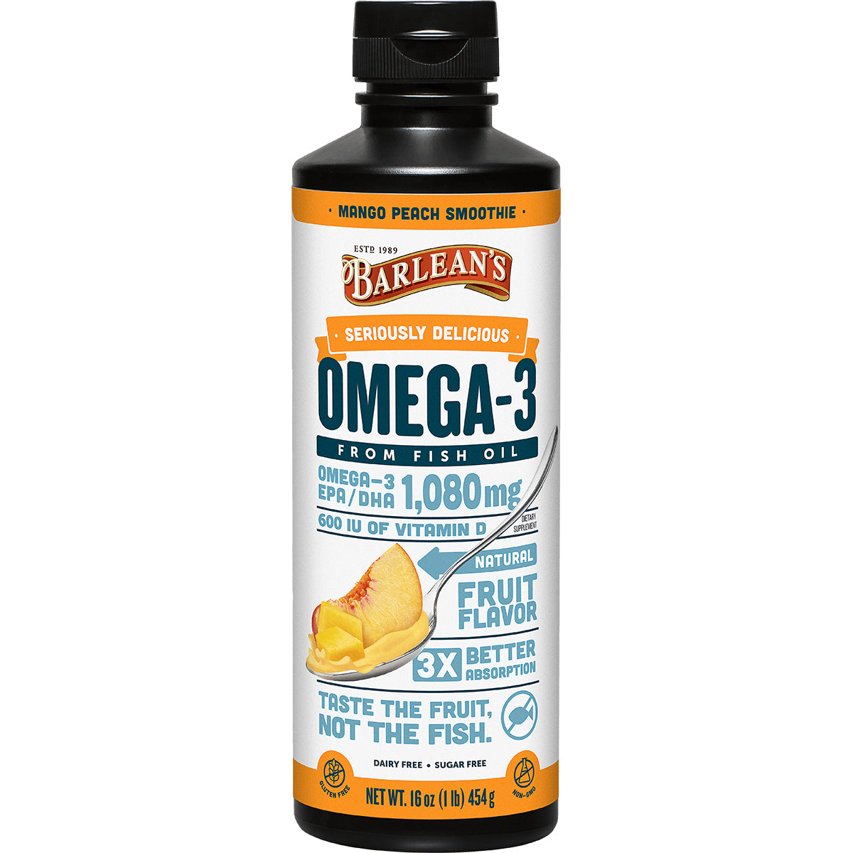 BAR035 | Barlean's Mango Peach Smoothie Omega-3 fish oil, natural fruit flavor bottle 16 oz