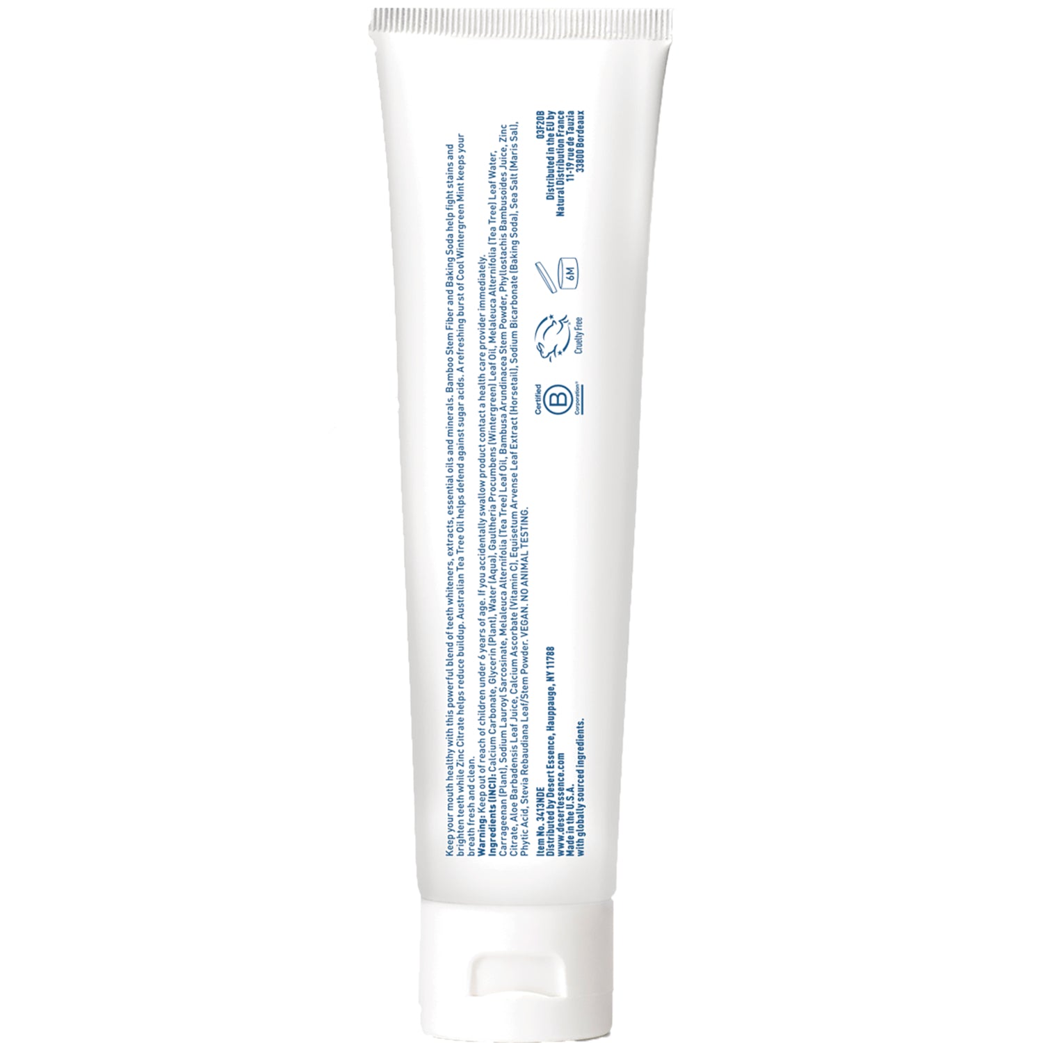 DST126 | white tube back showing vertical ingredient text and certification icons