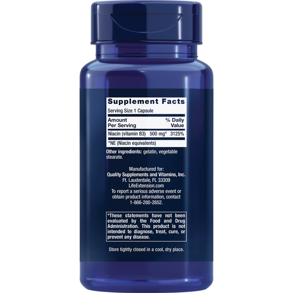 LE361 | Back of blue supplement bottle showing Supplement Facts label, serving size 1 capsule and Niacin 500 mg, manufacturer contact info - Thumbnail