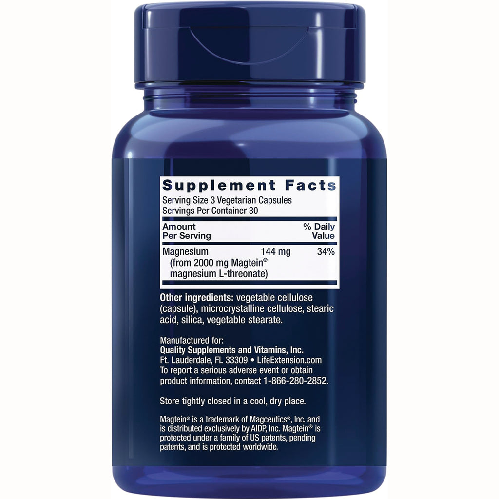 LE182 | Back label of blue supplement bottle showing Supplement Facts listing magnesium 144 mg and other ingredients - Thumbnail