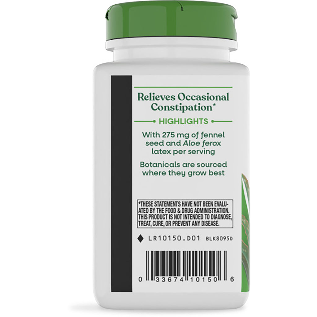 NW108 | back label of white supplement bottle with green cap, text about aloe for occasional constipation and barcode - Thumbnail