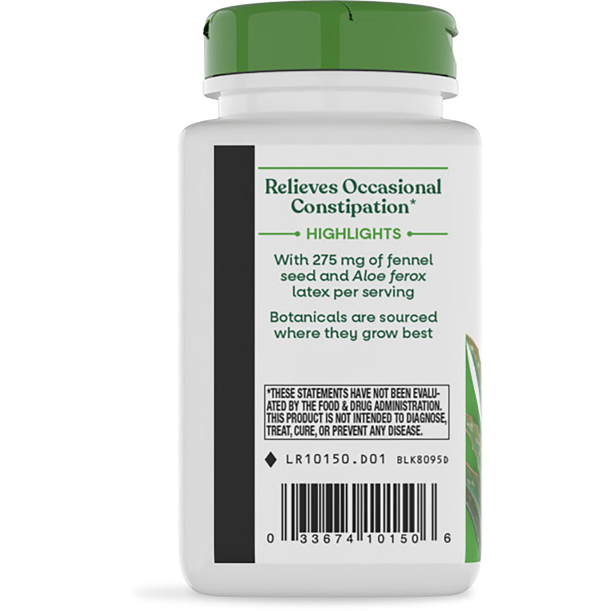 NW108 | back label of white supplement bottle with green cap, text about aloe for occasional constipation and barcode