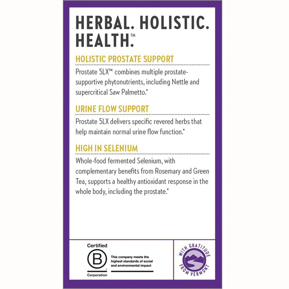 NWC272 | Product infographic panel listing Herbal Holistic Health, holistic prostate support, urine flow support, high in selenium