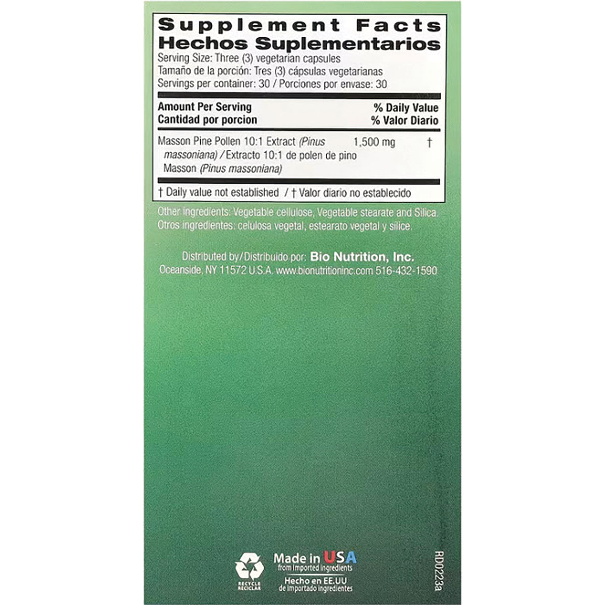 BNN066 | Back of green supplement box showing Supplement Facts panel in English and Spanish and manufacturer details