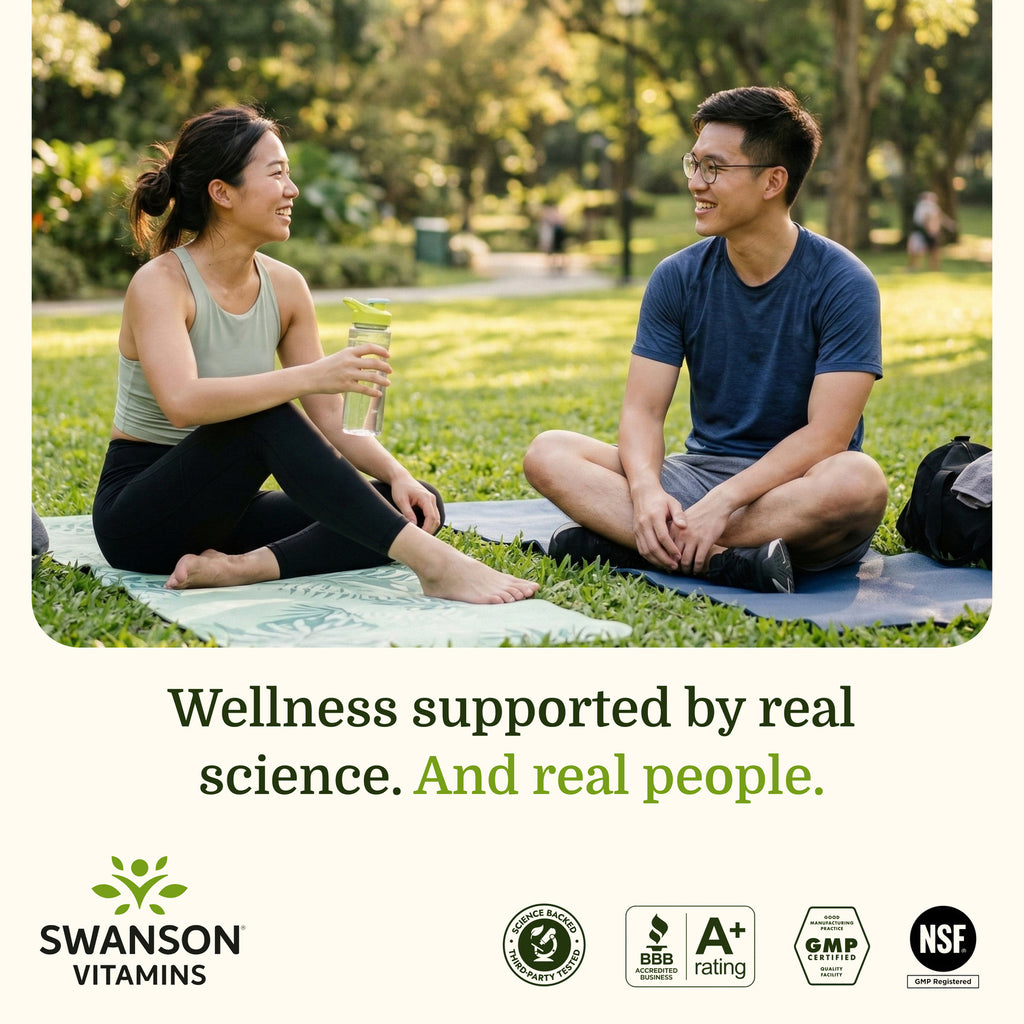 SWU281 | Smiling couple sitting on yoga mats in a park, with Swanson Vitamins branding and trust badges - Thumbnail