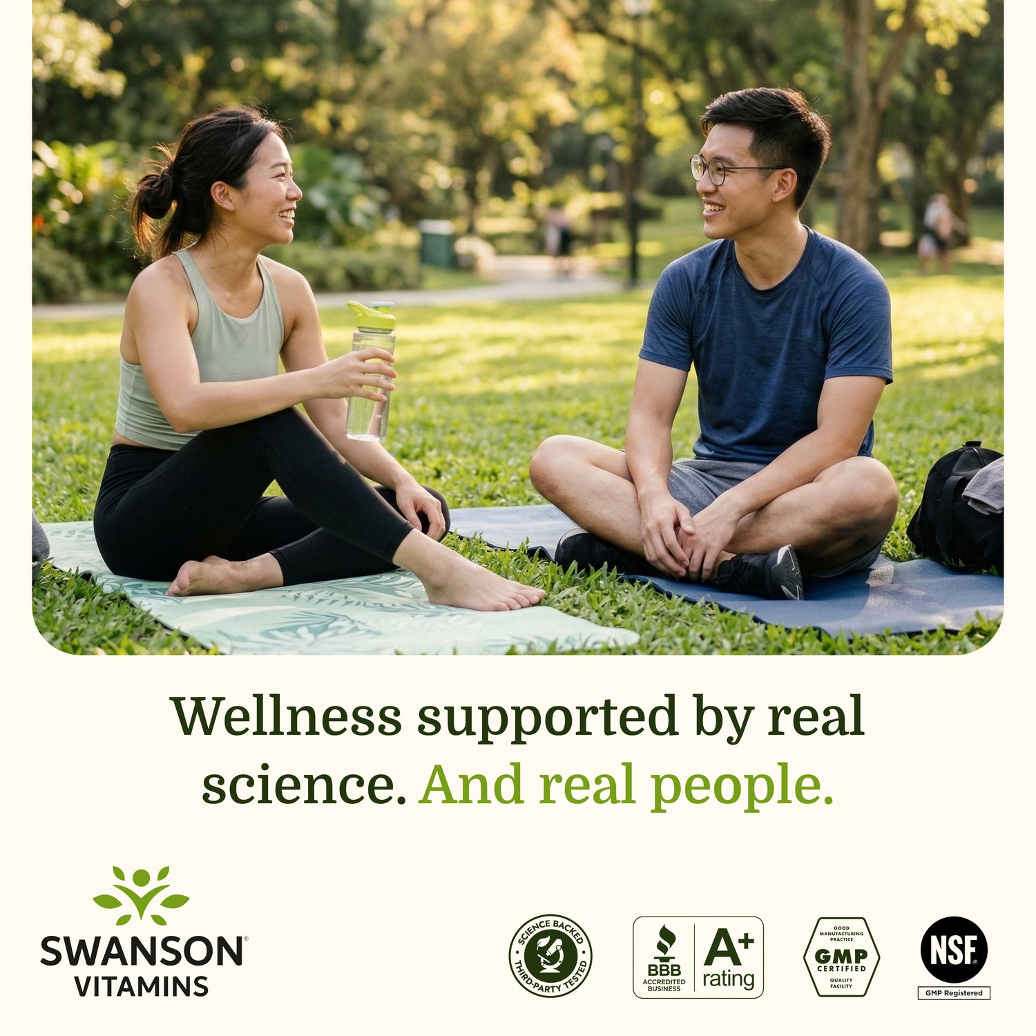 SWU281 | Smiling couple sitting on yoga mats in a park, with Swanson Vitamins branding and trust badges