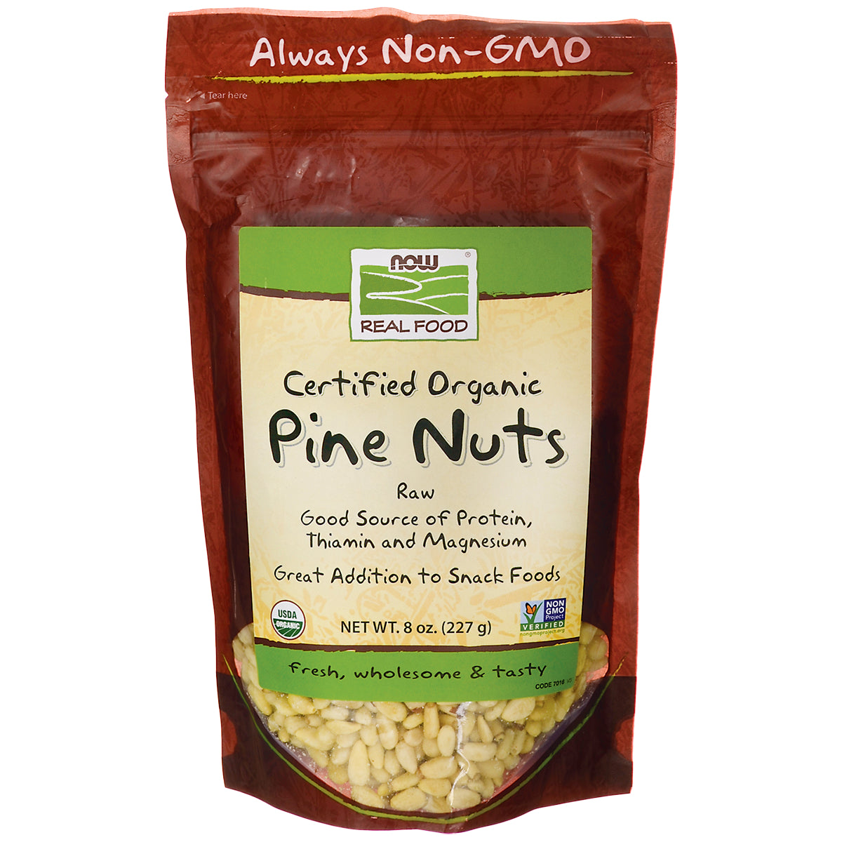 NWF1142 | Now Real Food certified organic pine nuts 8 oz bag with clear window and Always Non-GMO label