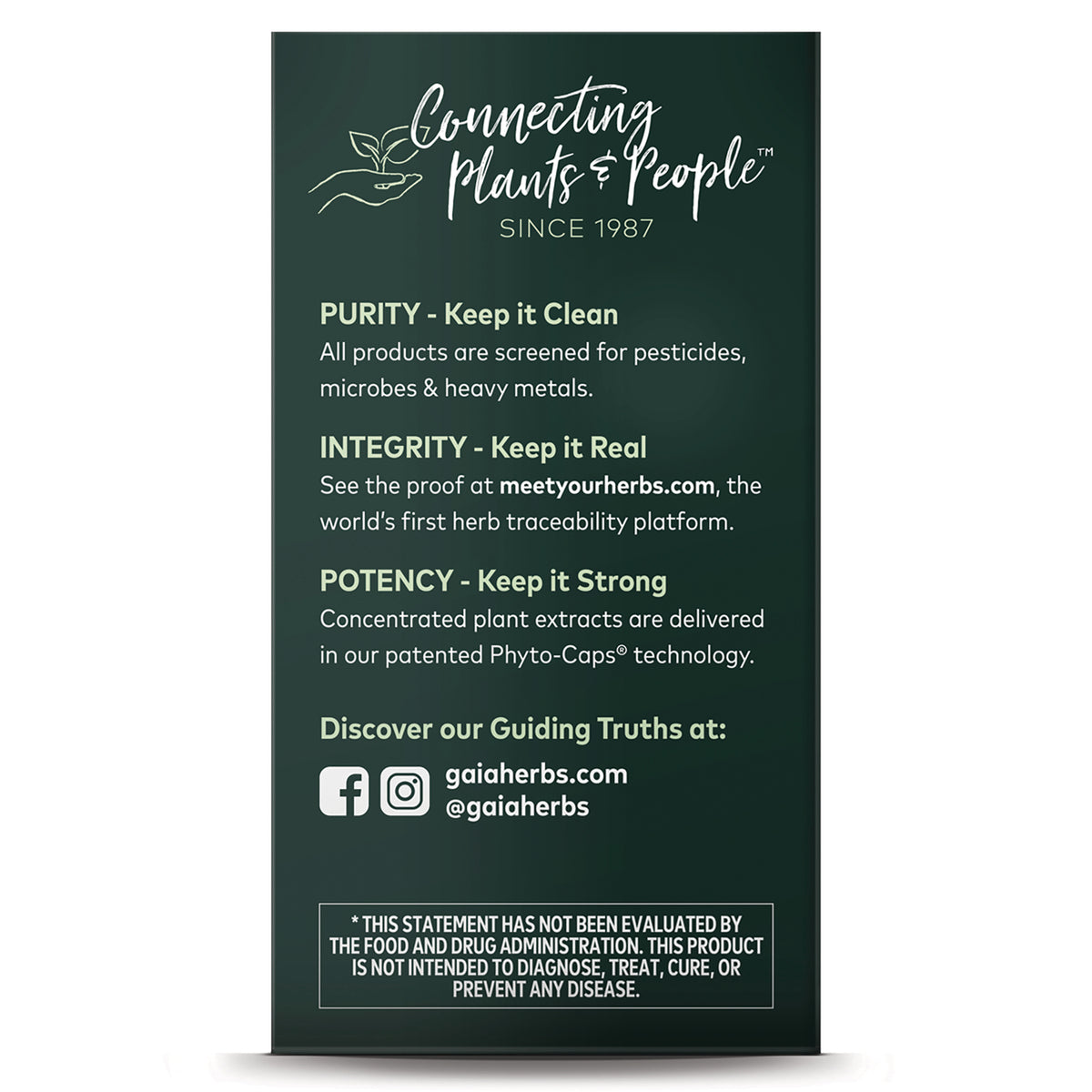 GH175 | product infographic listing Purity, Integrity, Potency, brand tagline Connecting Plants & People, gaiaherbs.com and disclaimer