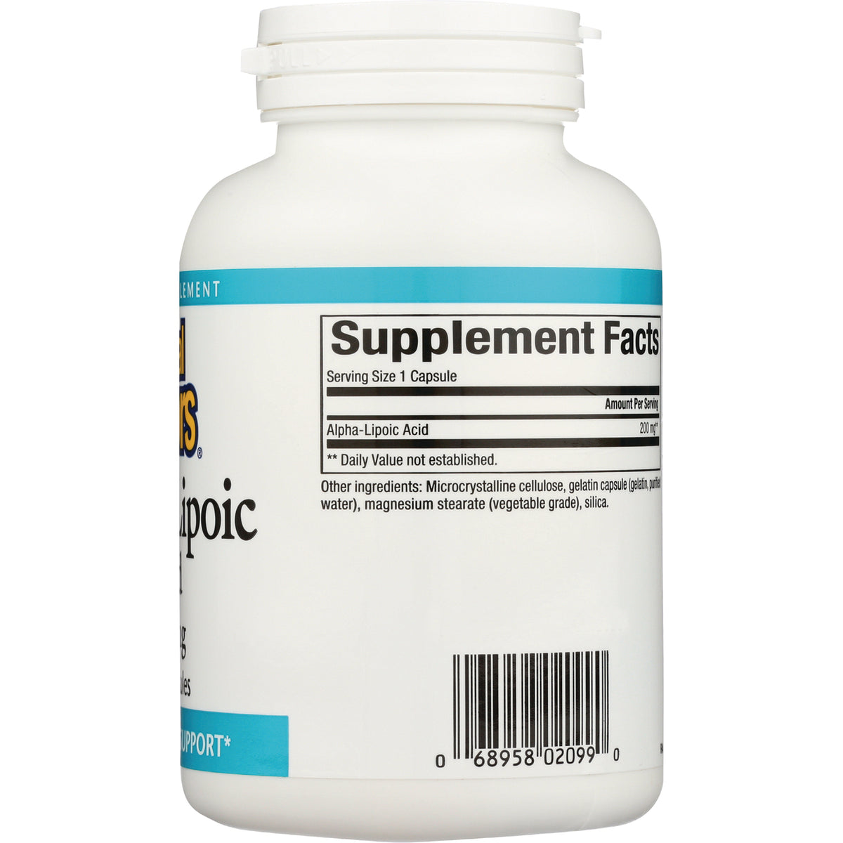 NFC145 | Back of white supplement bottle showing Supplement Facts panel listing Alpha-Lipoic Acid and barcode