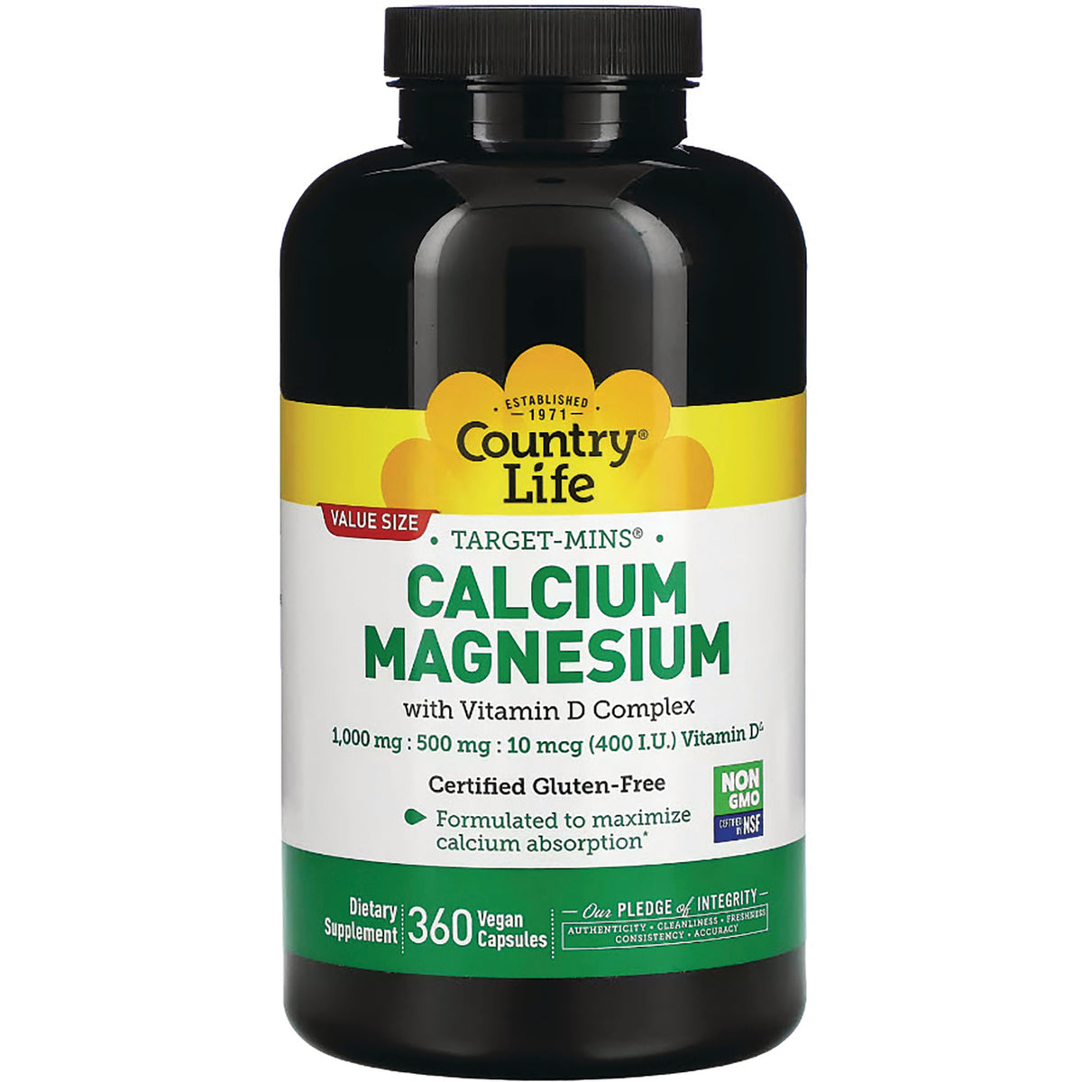 CRL575 | Country Life calcium magnesium supplement bottle front label reading CALCIUM MAGNESIUM, 360 Vegan Capsules