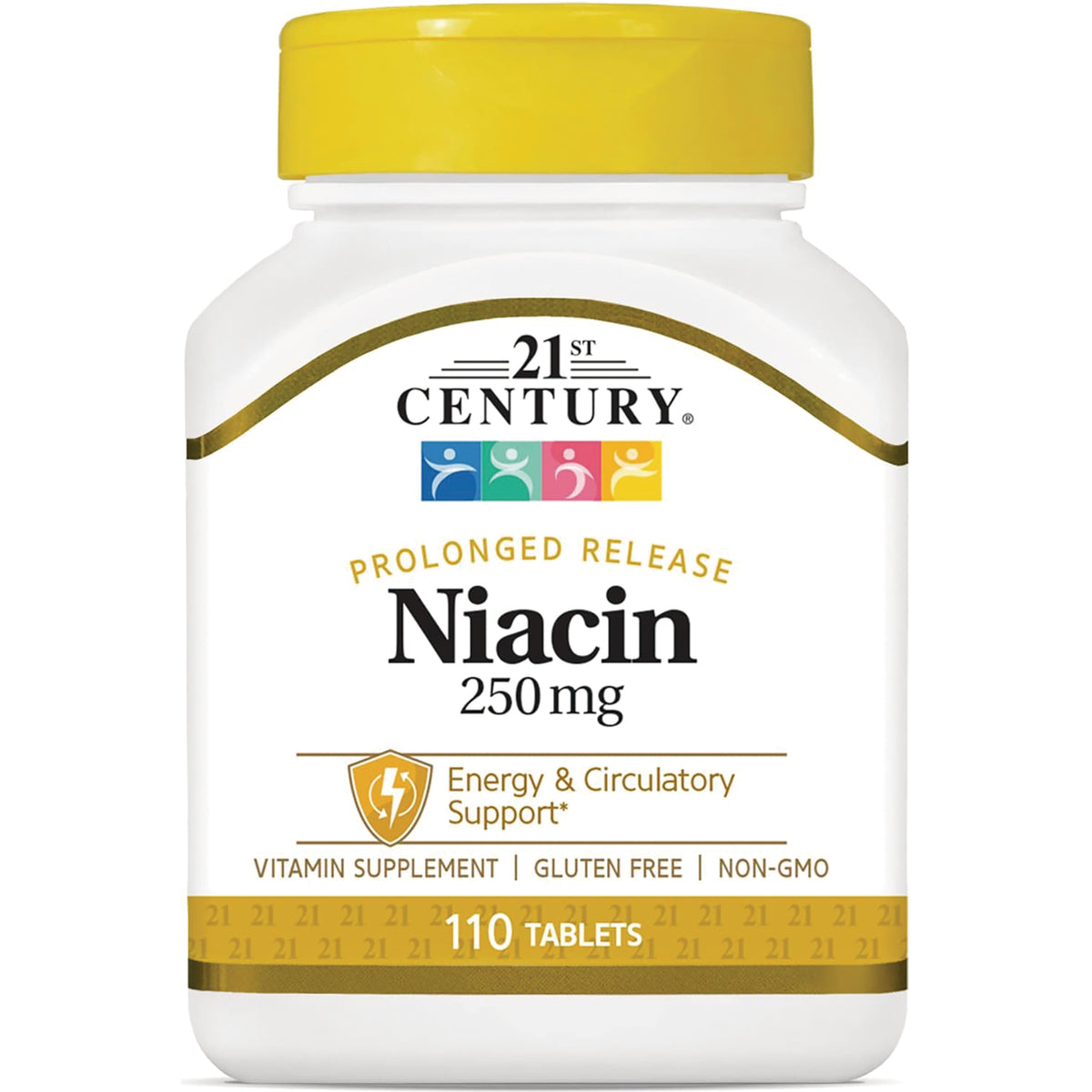 CNT108 | 21st Century Niacin 250 mg prolonged release white bottle with yellow cap, 110 tablets, Energy & Circulatory Support