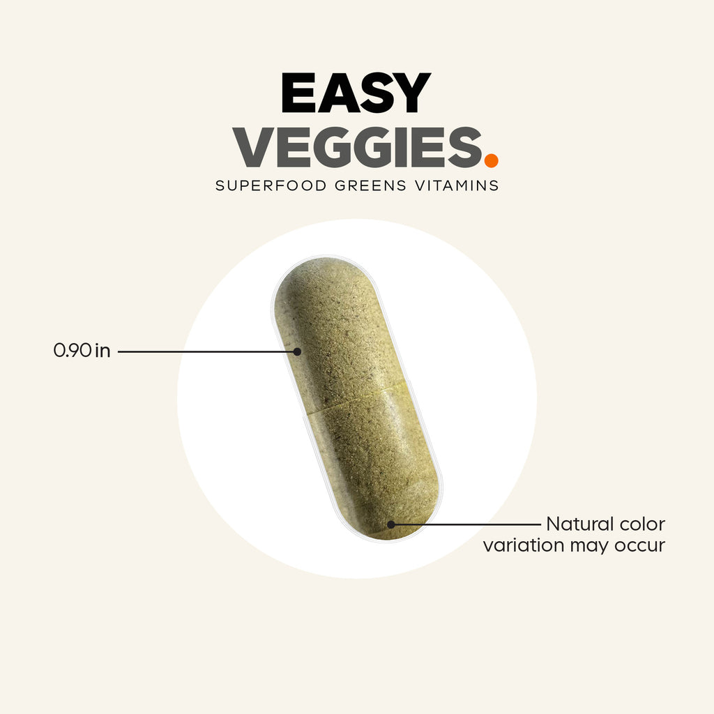 CDG012 | Easy Veggies superfood greens vitamin capsule infographic with size and color variation notes - Thumbnail