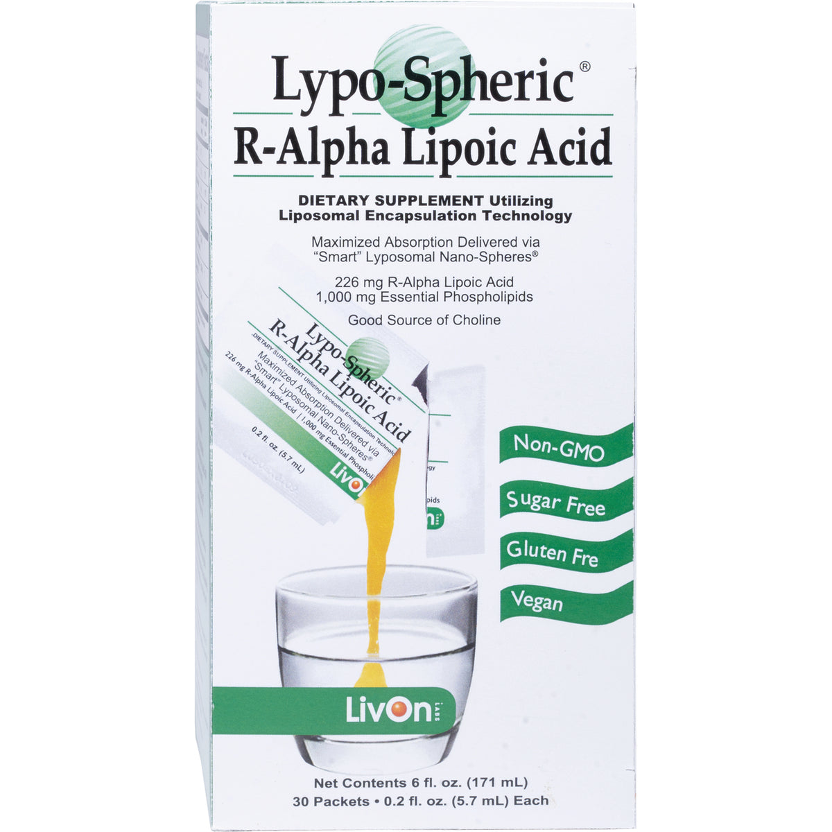 LVL004 | Lypo-Spheric R-Alpha Lipoic Acid front box pouring liquid into a glass with Non-GMO, Sugar Free, Gluten Free, Vegan badges
