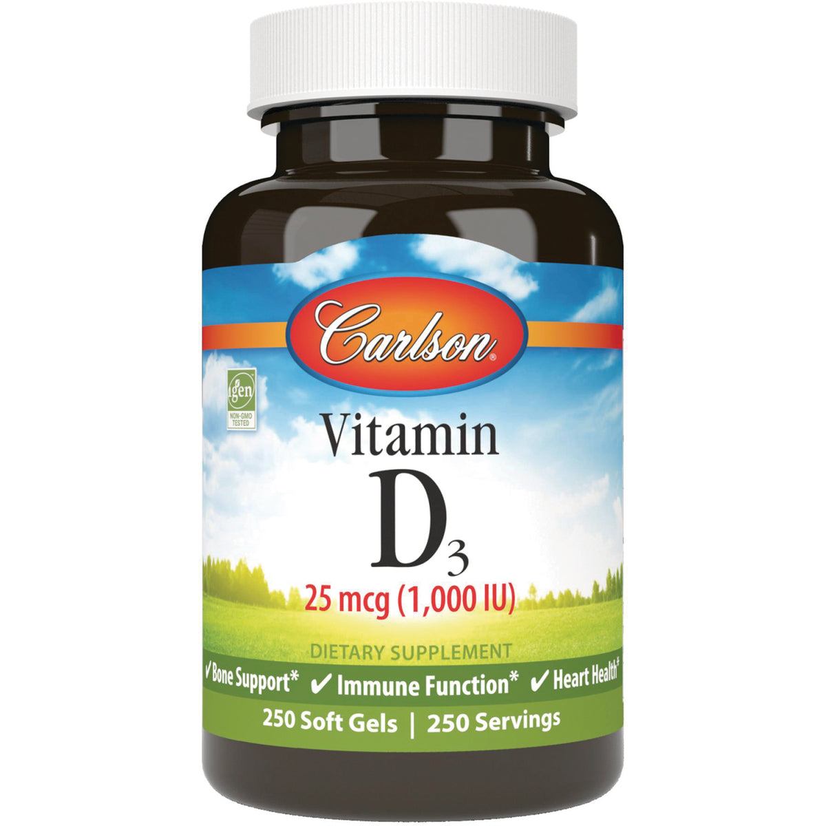 CSN187 | Carlson Vitamin D3 25 mcg (1,000 IU) soft gels bottle front label showing 250 soft gels