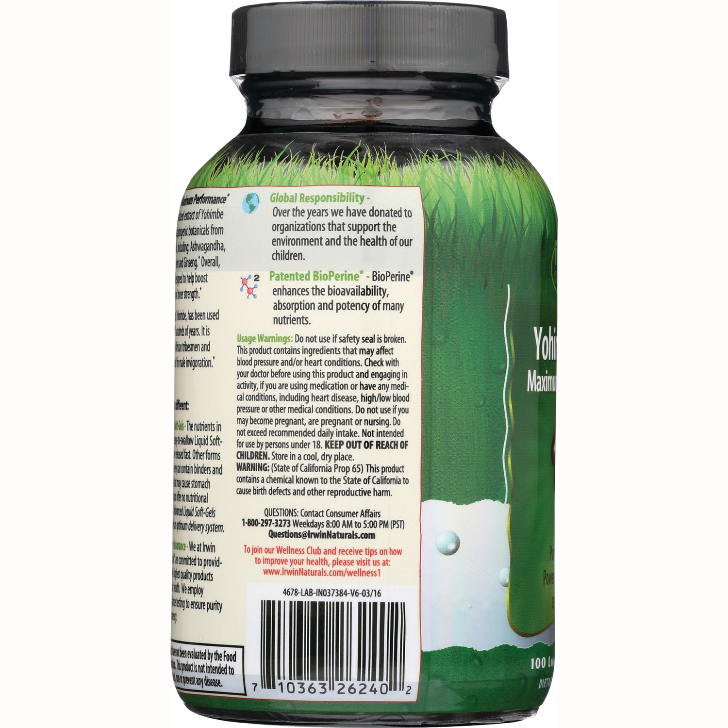 IR105 | back product infographic showing ingredient and warning panels with Patented BioPerine callout and barcode