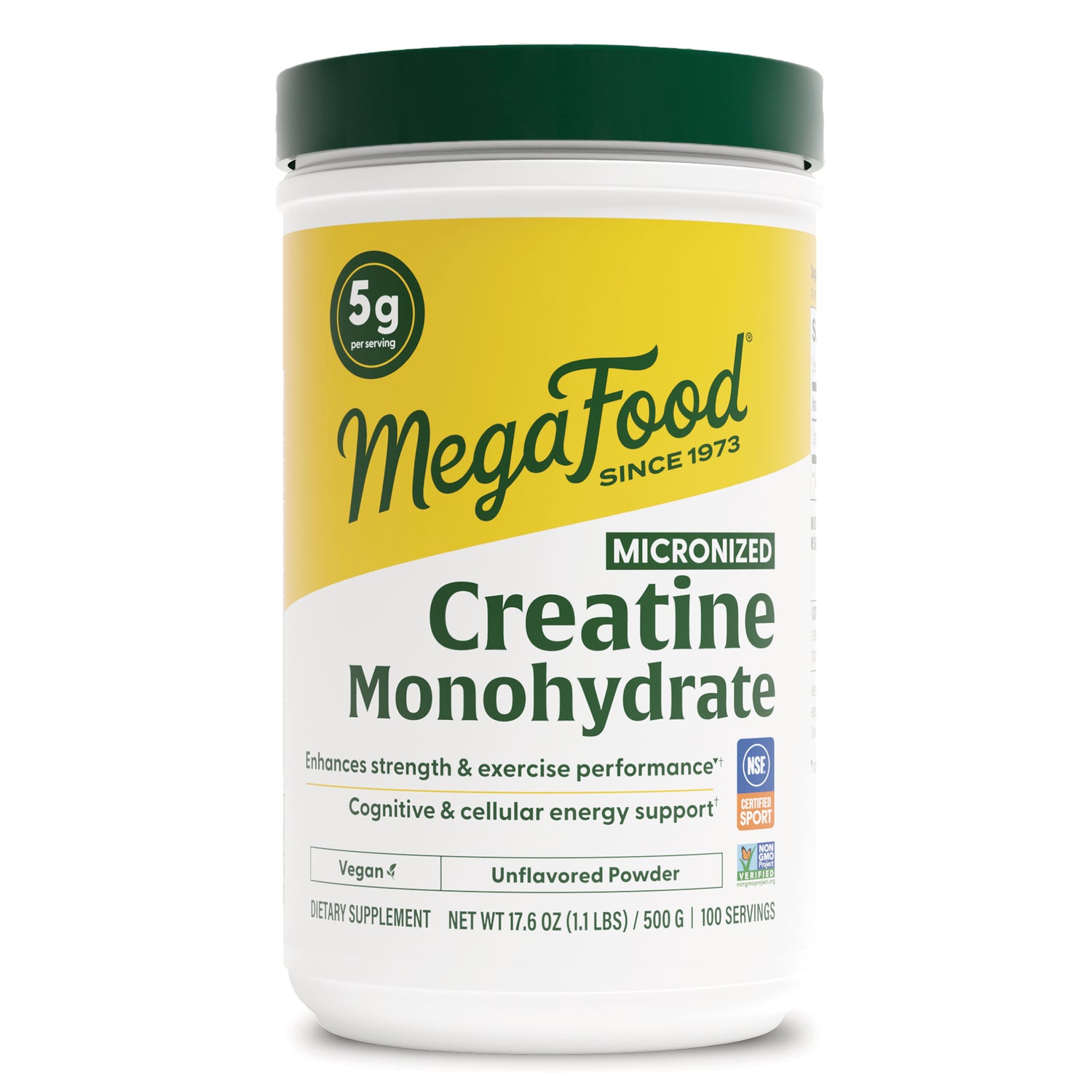 MGF148 | MegaFood micronized Creatine Monohydrate tub, front view, unflavored powder, 5g per serving