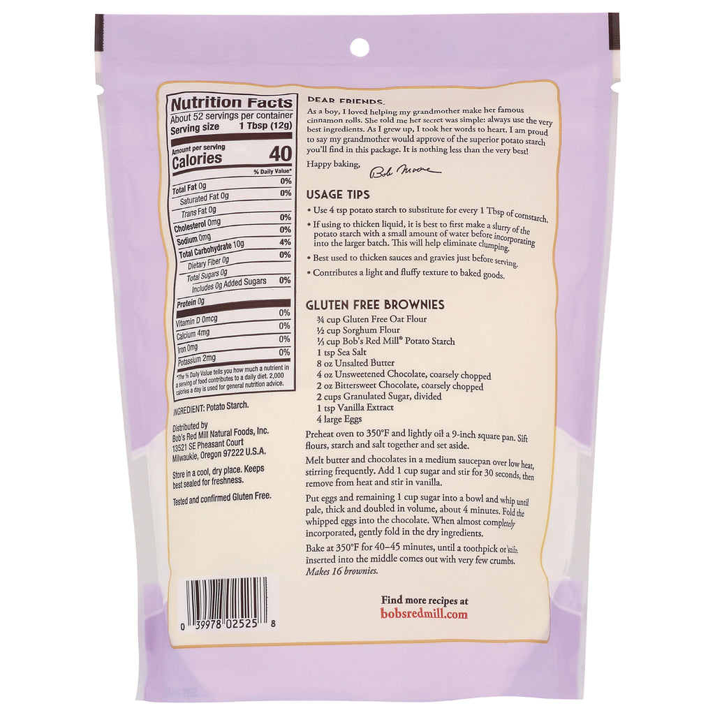 BOB285 | back of purple package showing nutrition facts, usage tips and gluten free brownies recipe - Thumbnail