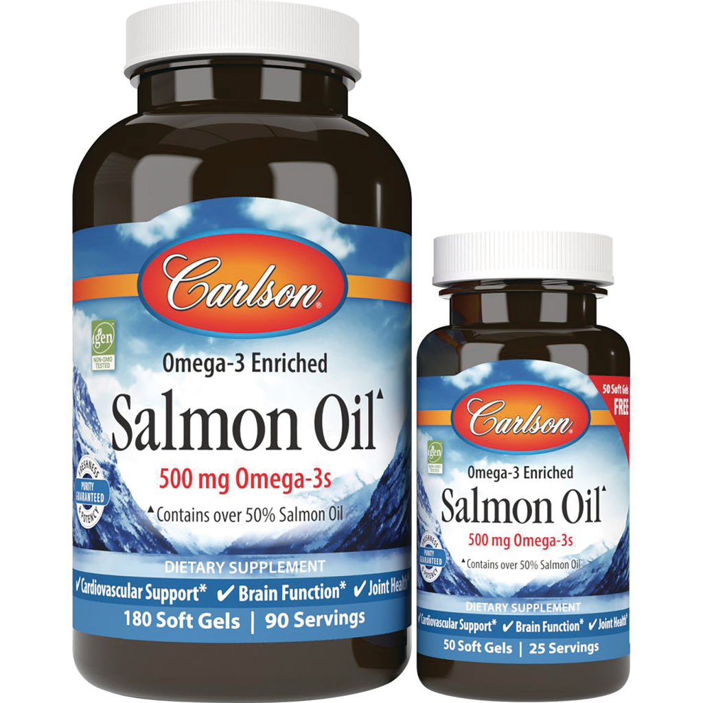 CSN017 | Two front-facing Carlson Salmon Oil supplement bottles, Omega-3 Enriched, 500 mg Omega-3s label - Thumbnail