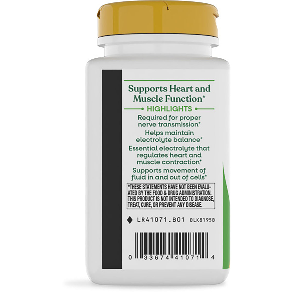NW362 | back label of green supplement bottle showing benefits text, barcode, recycling symbol, and green cap