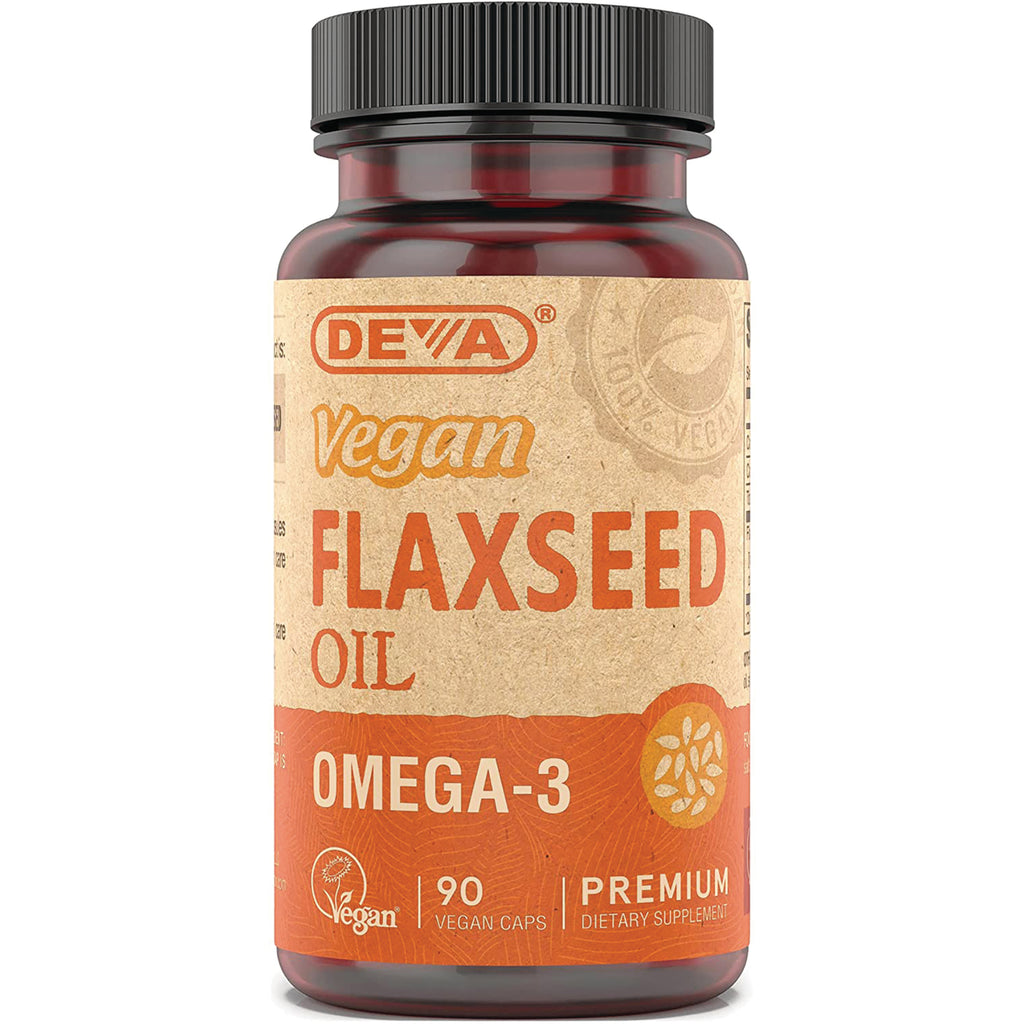 DEV003 | Brown plastic bottle labeled VEGAN FLAXSEED OIL OMEGA-3 90 vegan caps premium dietary supplement - Thumbnail