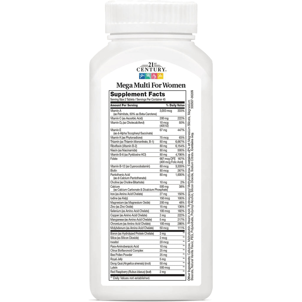 CNT101 | back of white supplement bottle showing Supplement Facts panel for Mega Multi For Women - Thumbnail
