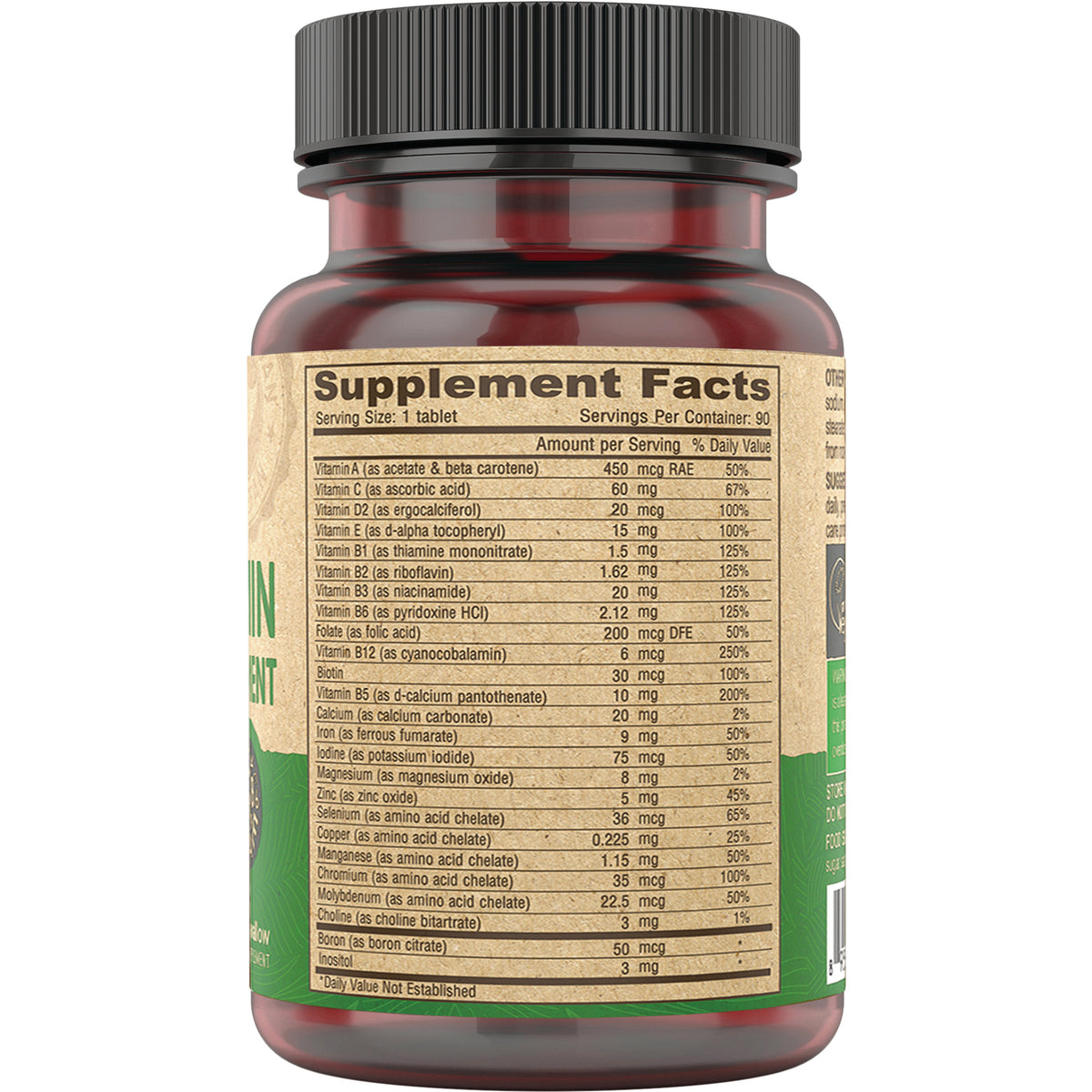 DEV024 | Supplement facts panel on bottle back listing vitamins, minerals, amounts, and serving size
