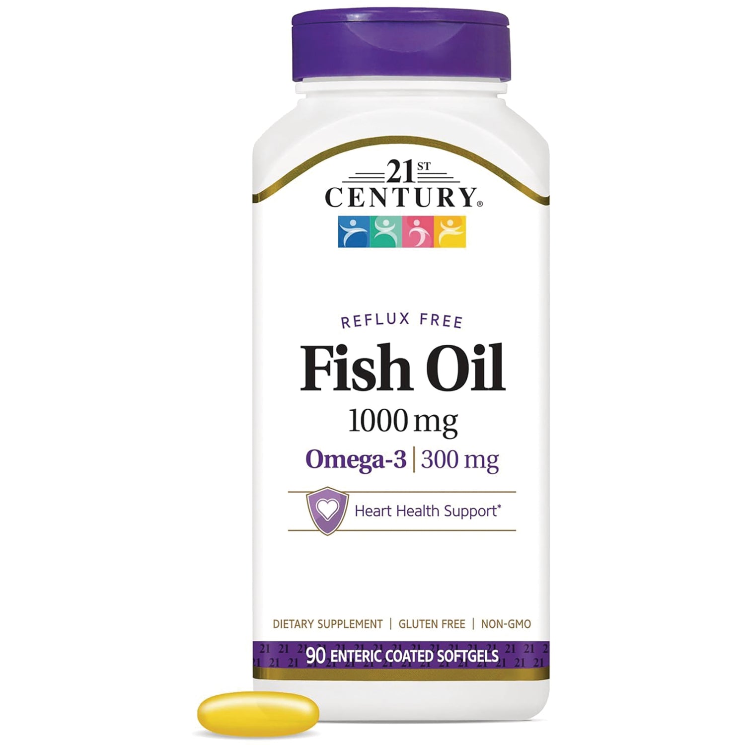 CNT118 | 21st Century Fish Oil 1000 mg bottle labeled Omega-3 300 mg heart health support, 90 enteric coated softgels
