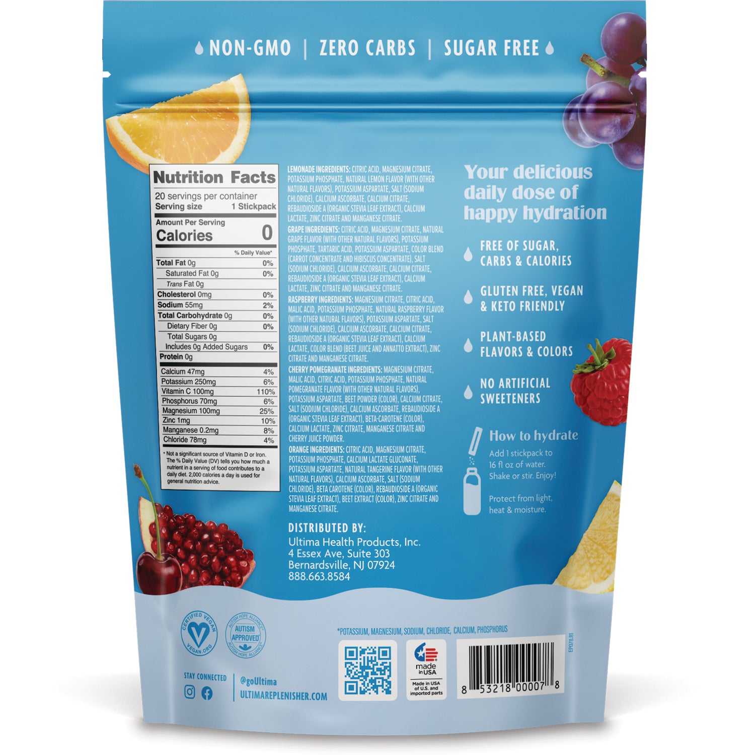 UHP031 | Back of hydration drink mix pouch with Nutrition Facts, ingredients, and claims: non-GMO, zero carbs, sugar free