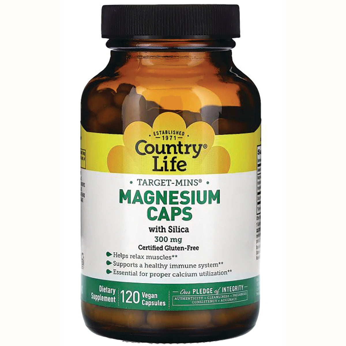 CRL445 | Country Life magnesium caps bottle, 300 mg, 120 vegan capsules, front label
