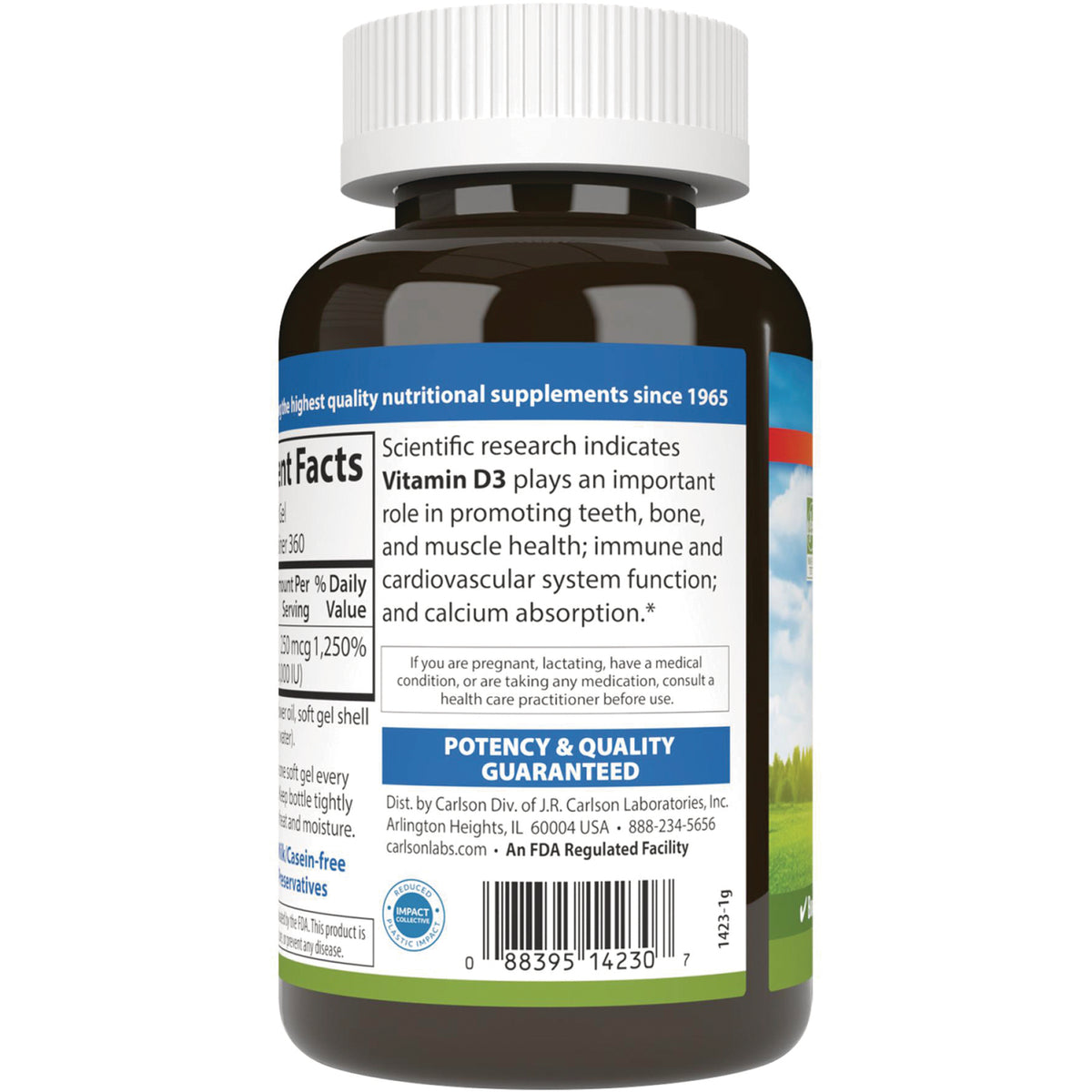 CSN299 | back label of brown supplement bottle showing Vitamin D3 facts, potency guarantee and barcode