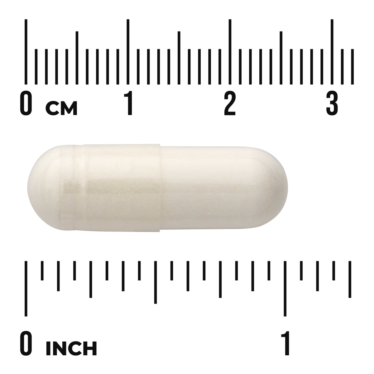 SWU202 | White capsule beside centimeter and inch rulers showing scale with "0 cm" and "0 inch" markings