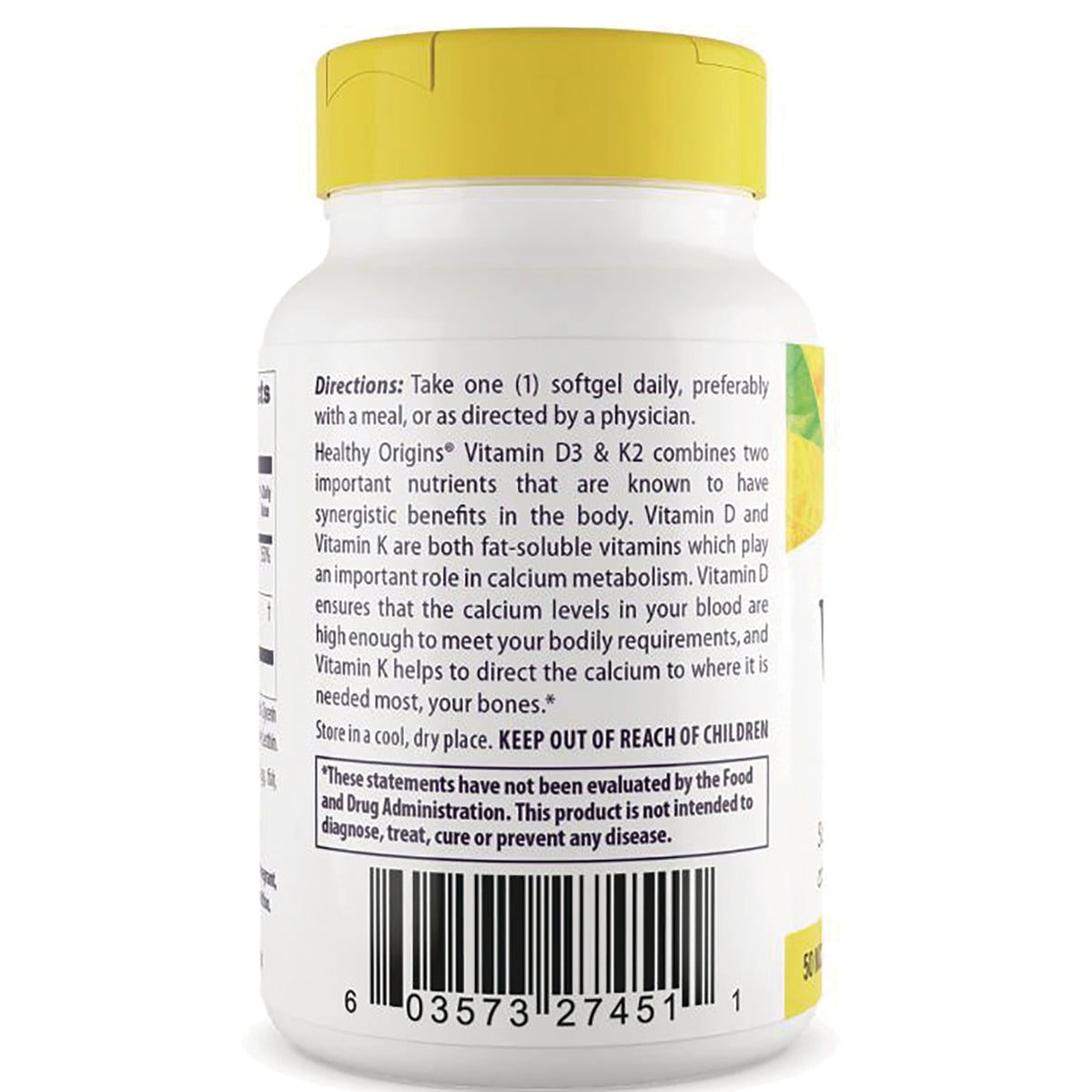 Back label of vitamin bottle showing directions, supplement info, warning text and barcode