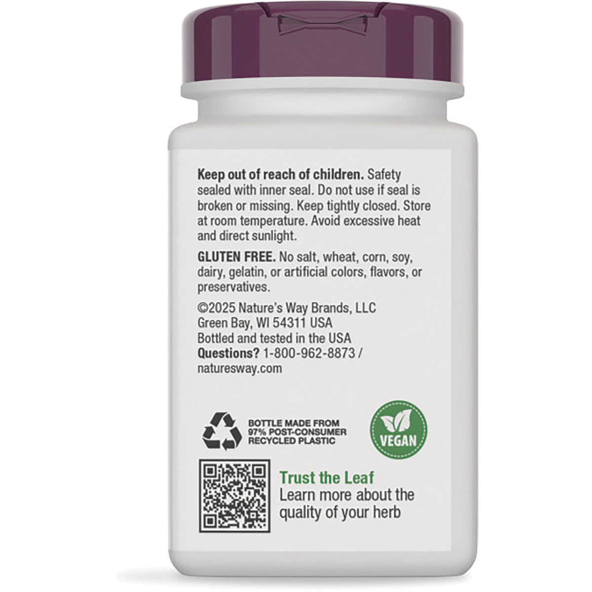 NW688 | Back label of bottle with Keep out of reach of children warning, GLUTEN FREE, company info, vegan logo and QR code
