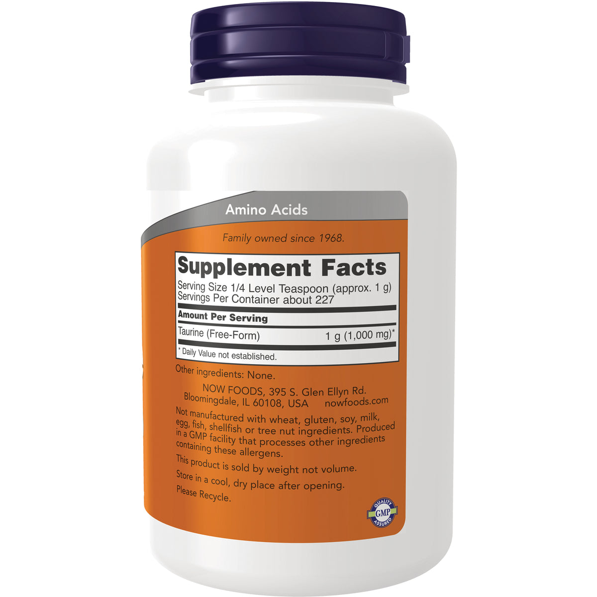 NWF1000 | back of white supplement bottle showing Supplement Facts panel listing Taurine 1 g serving