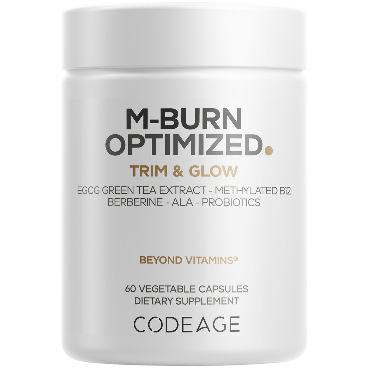 CDG036 | Front view of white Codeage M-Burn Optimized supplement jar labeled Beyond Vitamins 60 vegetable capsules