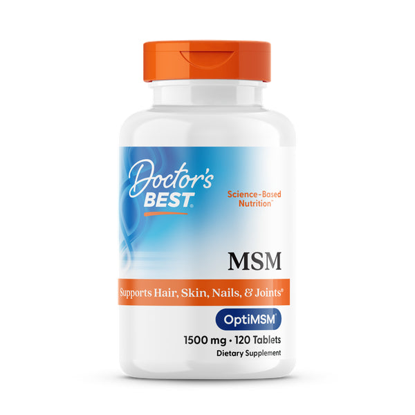 DB087 | Doctor's Best MSM with OptiMSM 1500 mg bottle, 120 tablets, orange cap and white label, supports healthy joints