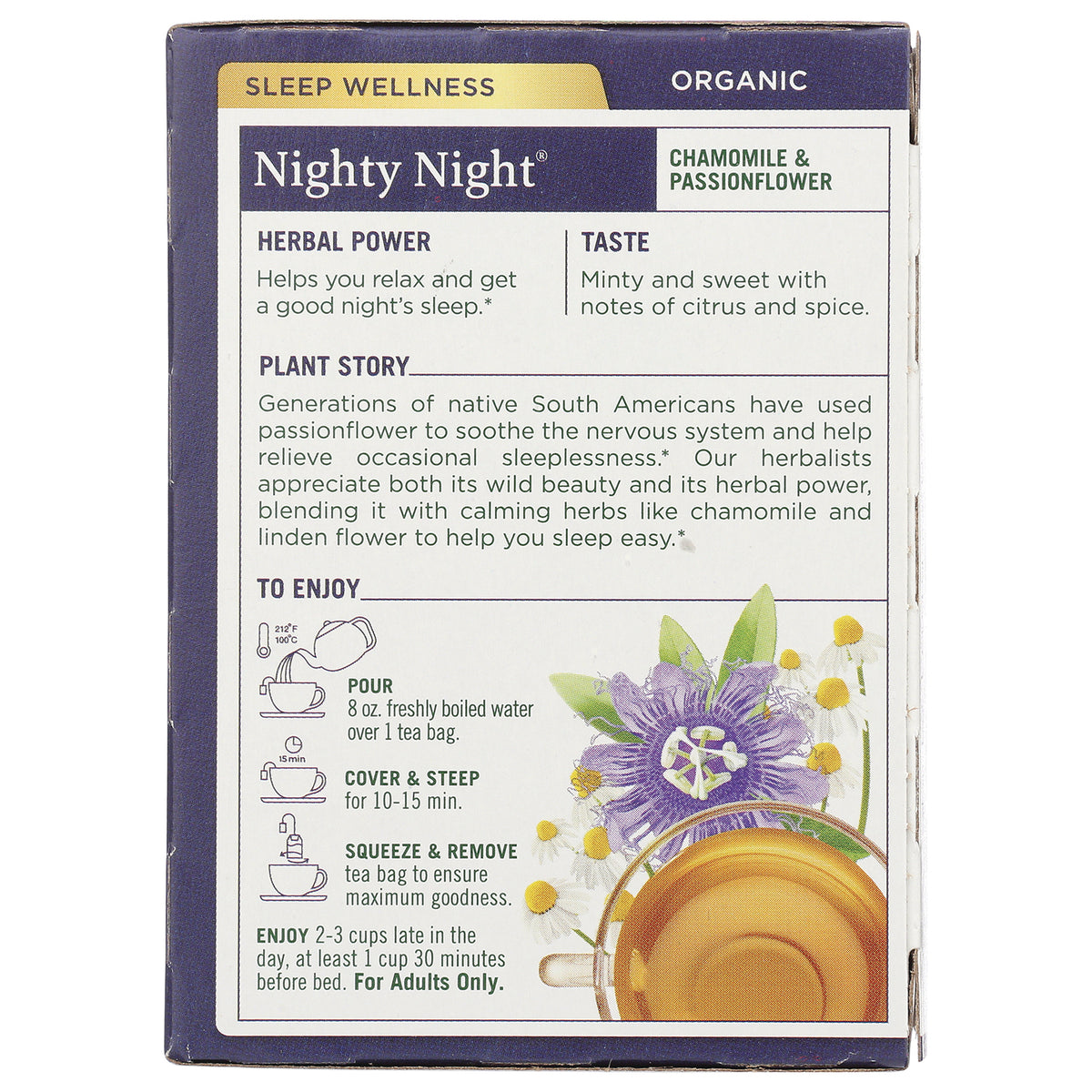 TMD008 | Back panel of Nighty Night chamomile & passionflower tea with herbal power, taste notes, and brewing directions