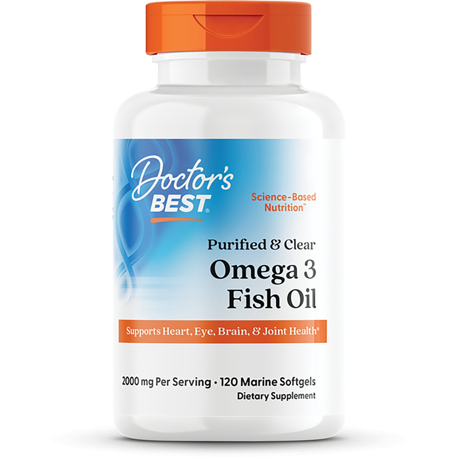 DB257 | Doctor's Best Purified & Clear Omega 3 Fish Oil 1000 mg bottle label, 120 marine softgels