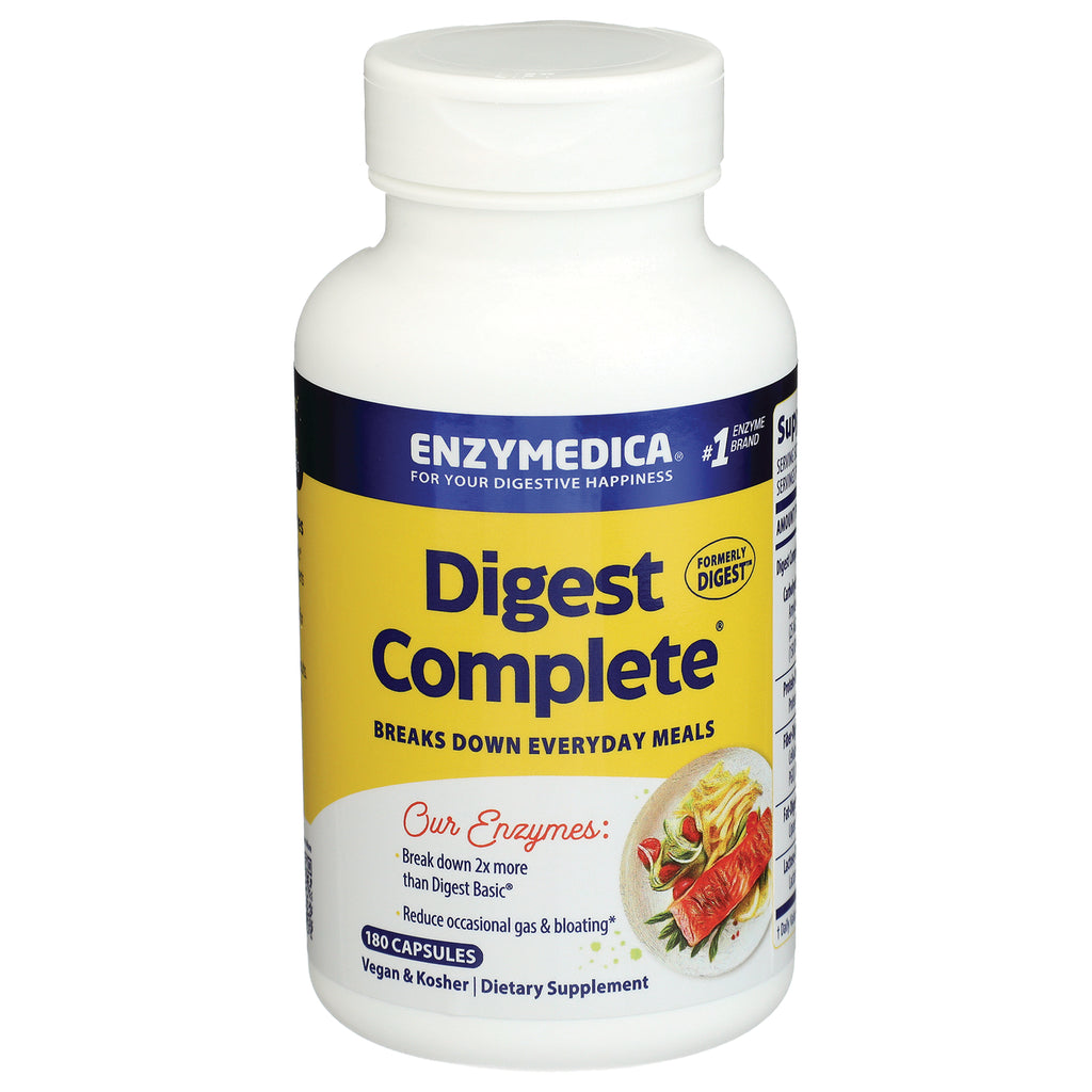 EMD007 | White bottle of Enzymedica Digest Complete dietary supplement with yellow label, 180 capsules - Thumbnail