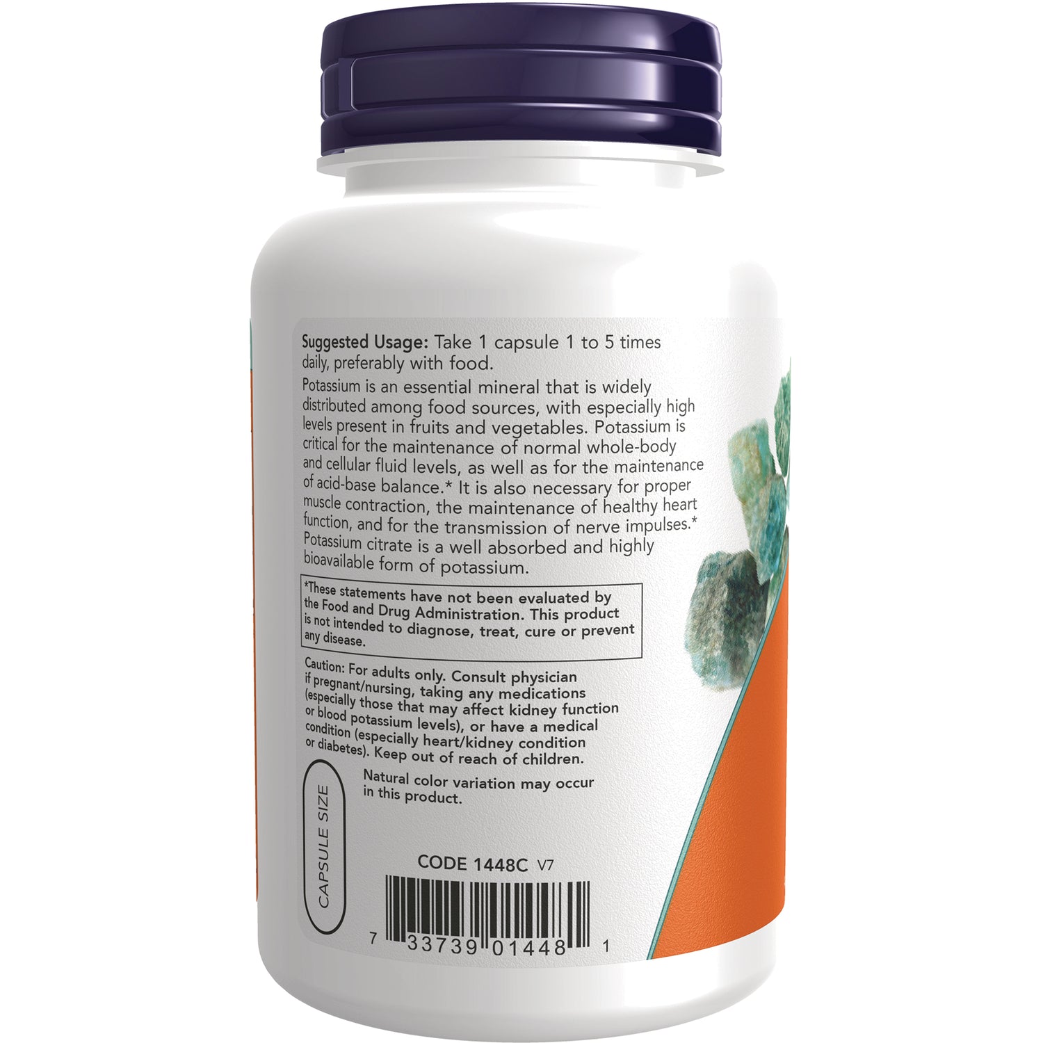 NWF906 | Back label of white supplement bottle showing suggested usage, caution text, barcode, capsule size icon and floral artwork