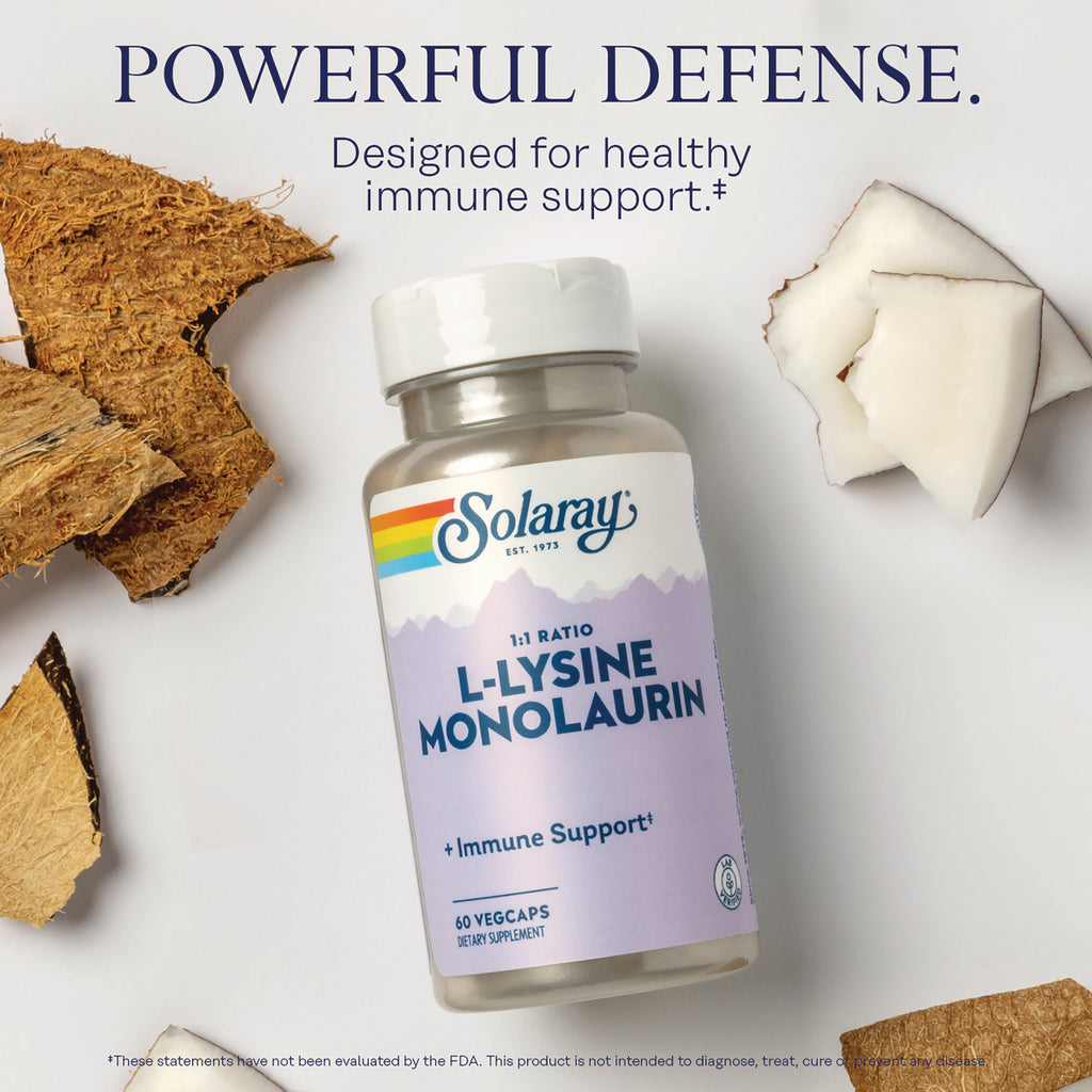 SLR547 | Solaray L-Lysine Monolaurin dietary supplement bottle labeled L-LYSINE MONOLAURIN 60 vegcaps - Thumbnail