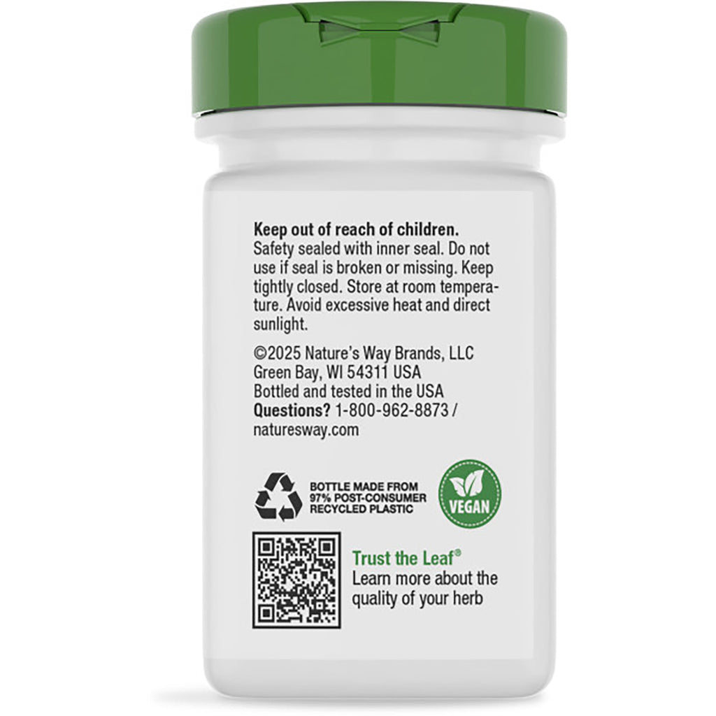 ET466 | Back of white supplement bottle with green cap showing Keep out of reach of children warning, GLUTEN FREE text, vegan and recycling icons - Thumbnail