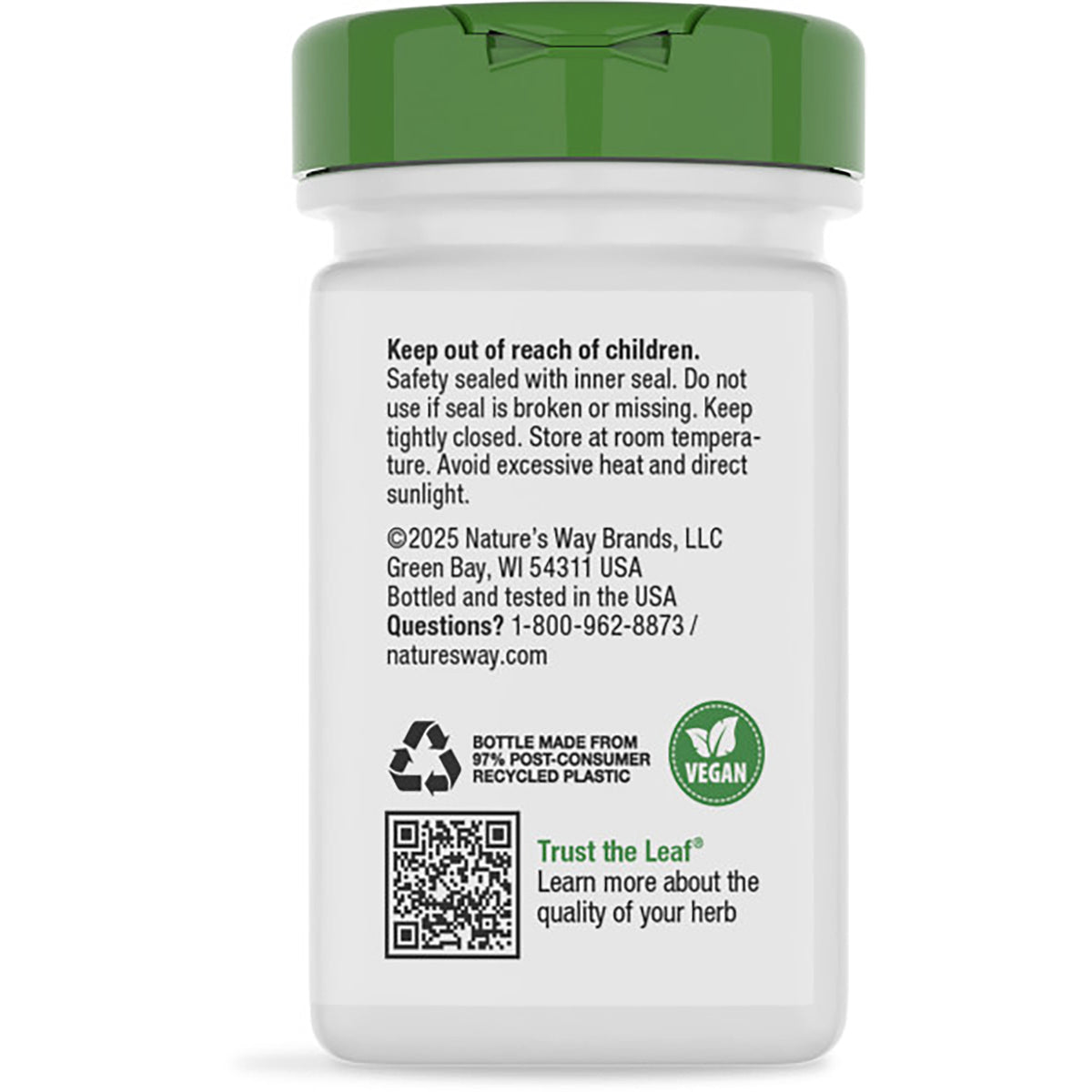ET466 | Back of white supplement bottle with green cap showing Keep out of reach of children warning, GLUTEN FREE text, vegan and recycling icons