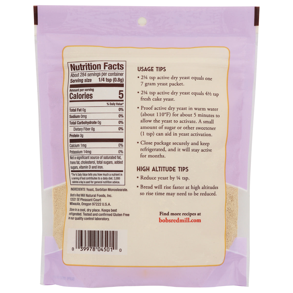 BOB472 | Back of pale purple packet showing Nutrition Facts panel, usage tips, high altitude tips and barcode