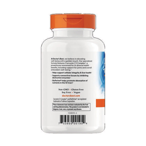 DB079 | back label of white supplement bottle showing curcumin description, benefits, barcode and QR code