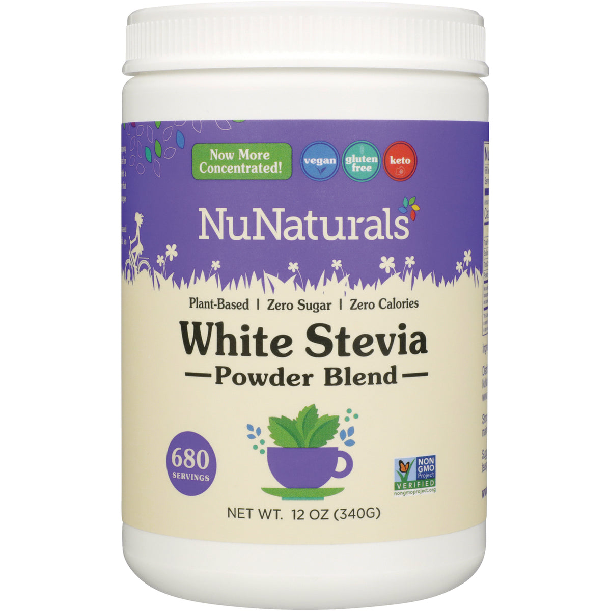 NN047 | NuNaturals White Stevia powder blend jar, 12 oz (340 g), purple and cream label