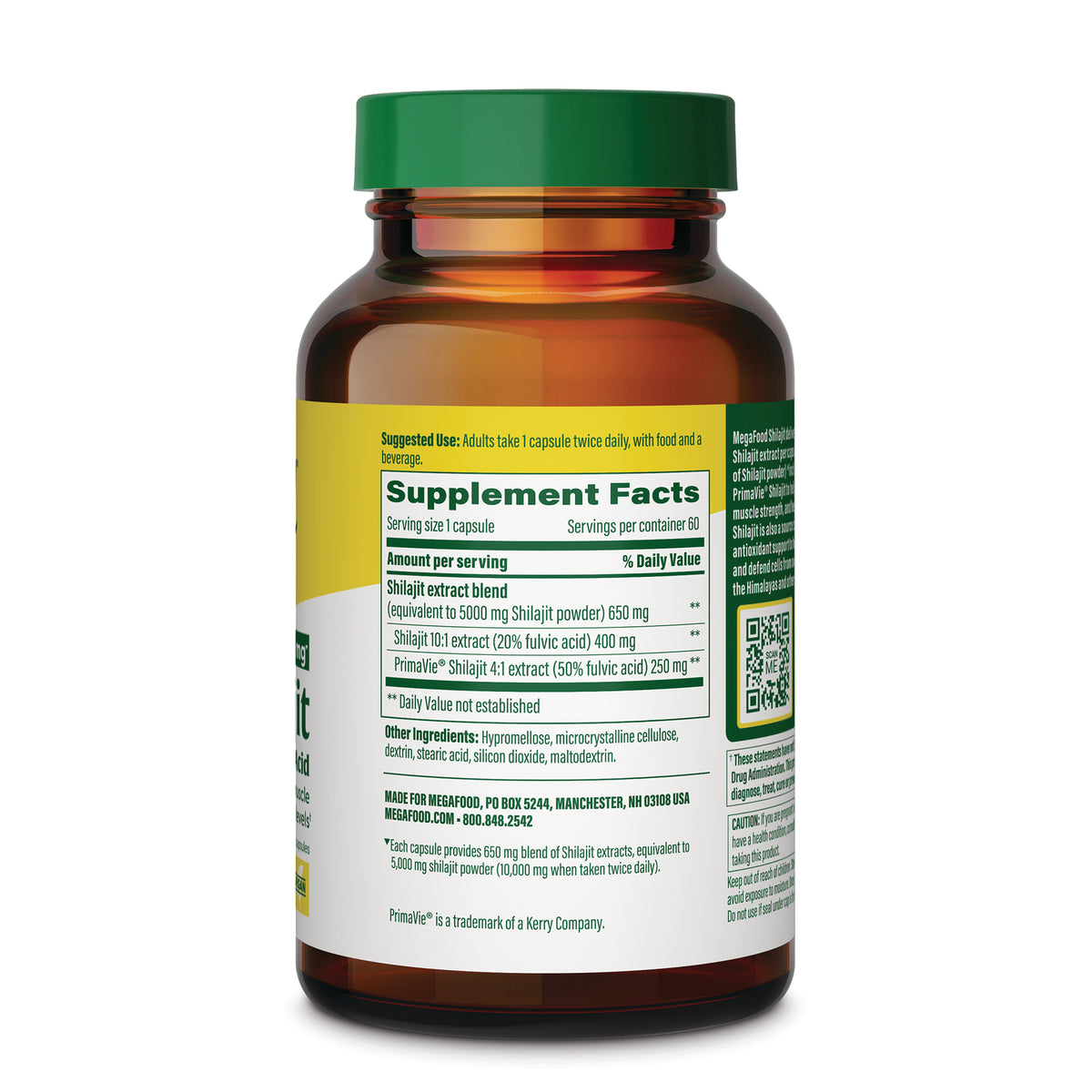 MGF149 | Back of amber supplement bottle showing Supplement Facts panel, ingredient list, serving size, and QR code
