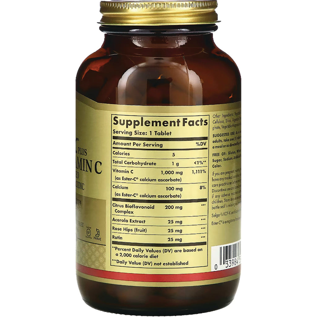SLG359 | back of amber supplement bottle showing Supplement Facts panel listing Vitamin C, ingredients, and barcode - Thumbnail