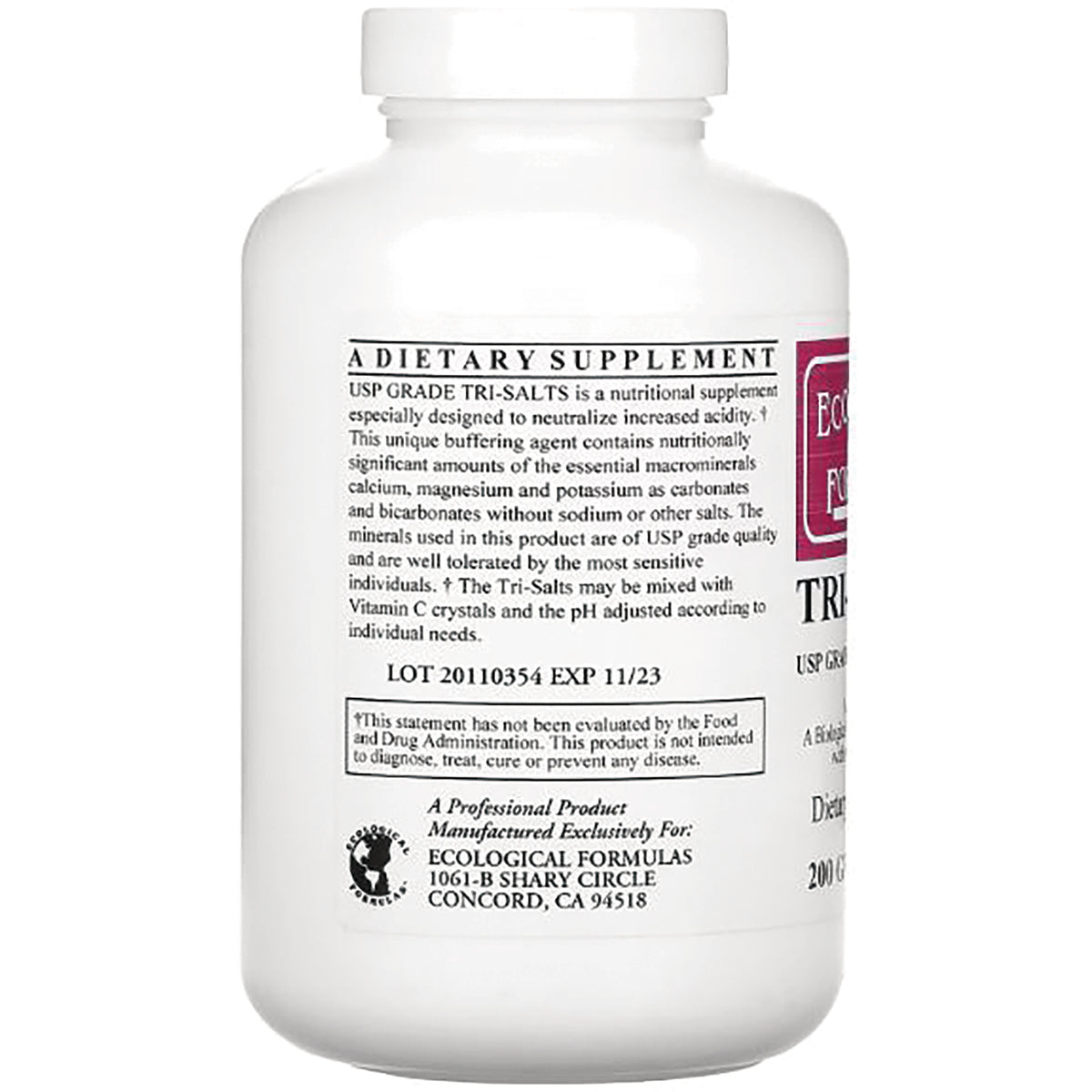 CRR013 | back label of white supplement bottle showing LOT 20110354 EXP 11/23 and Ecological Formulas address
