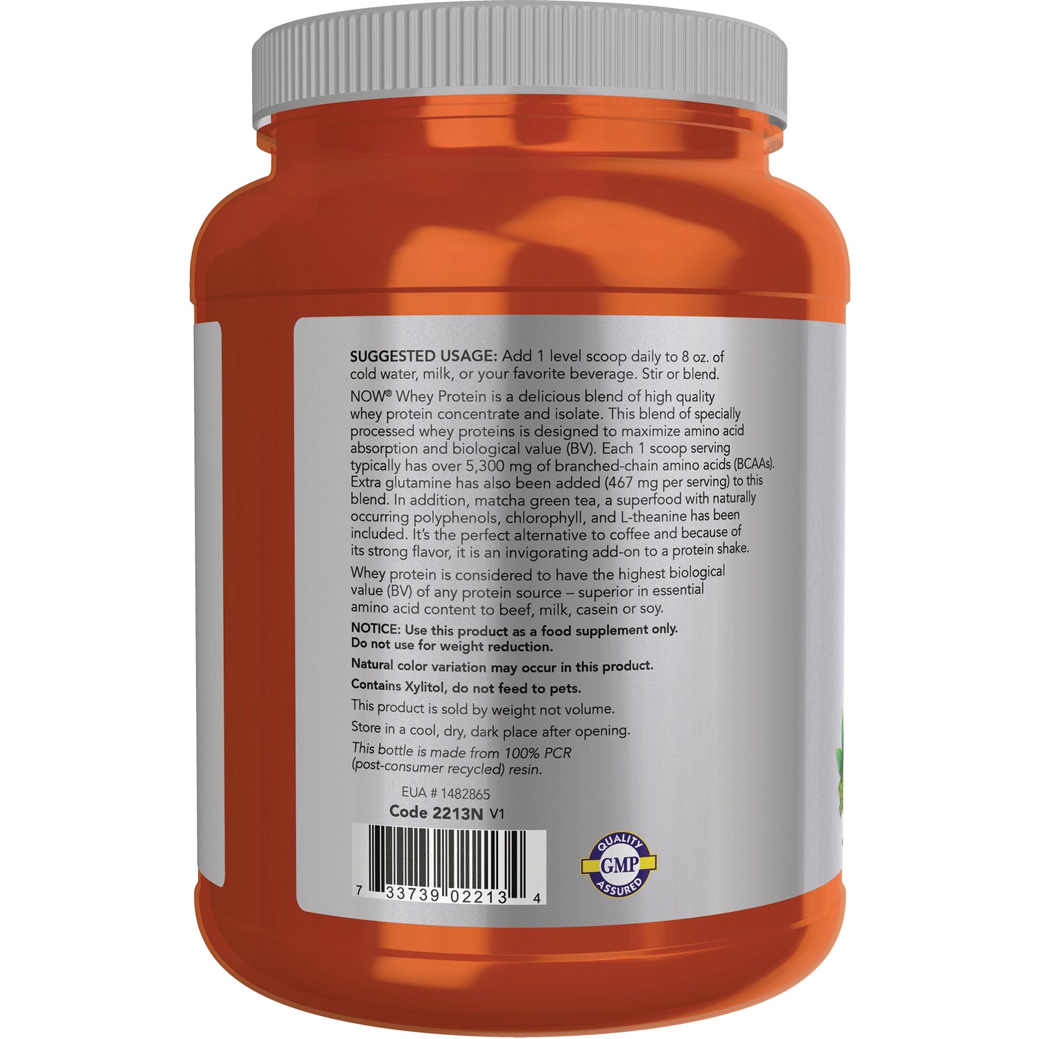 NWF1427 | Back label of orange supplement jar showing suggested usage text, barcode, and GMP quality seal